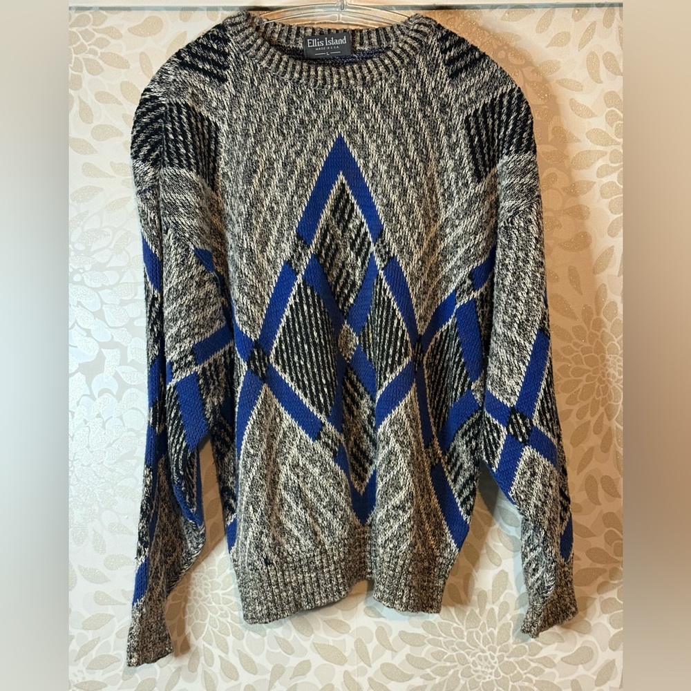 Vintage Ellis Island Men’s M L Blue Gray Diamond Argyle Pullover Sweater